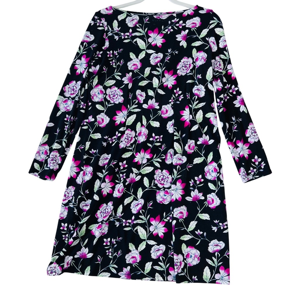 J Jill Wear Ever Collection Floral Print‎ Black Pink Long Sleeve Petite Dress M